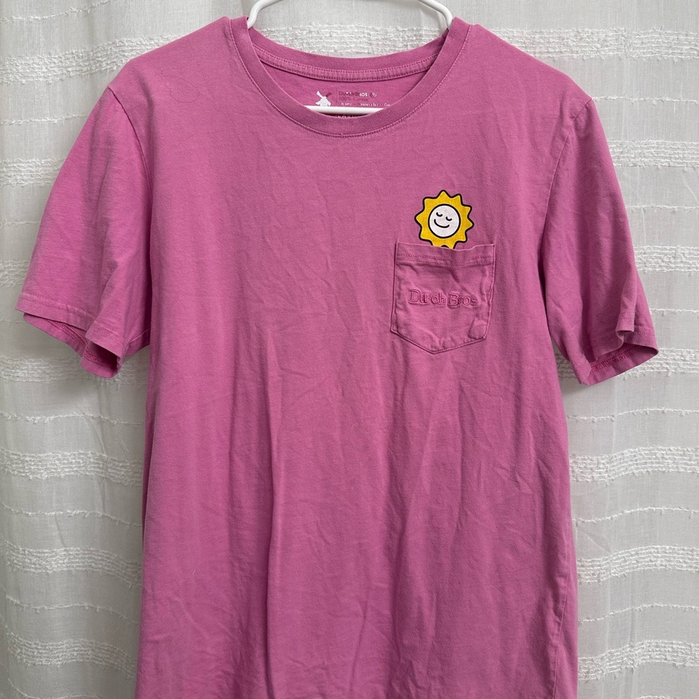Dutch Bros Pink T-Shirt with Pocket Sun Graphic